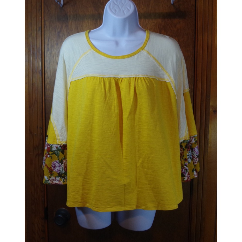 Loveriche Womens Yellow Cream Floral Bell Sleeve Colorblock Top‎ Small LT24561